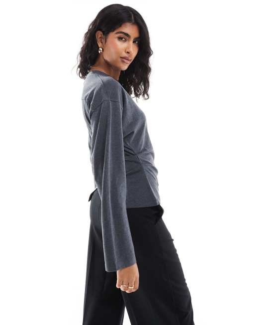 ASOS DESIGN corset waist long sleeve tee in charcoal, 3 of 4