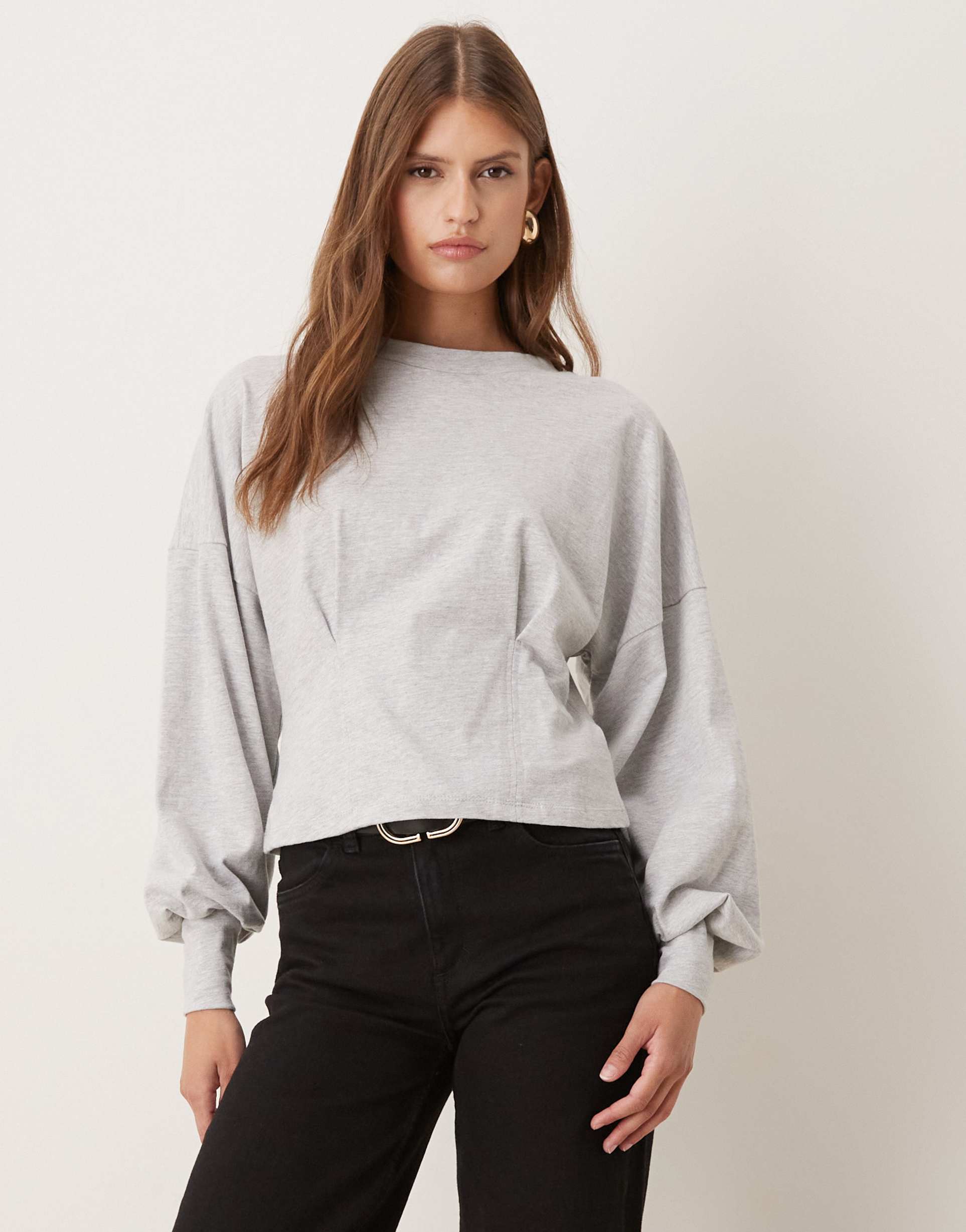 asos design corset waist puff sleeve long sleeve in gray heather