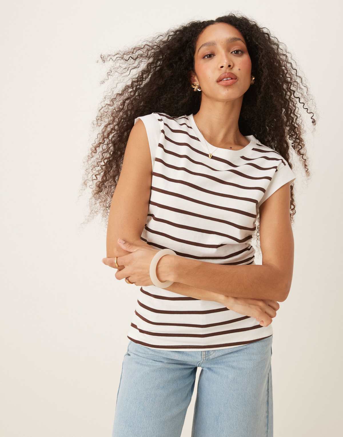 ASOS DESIGN corset waist sharp shoulder  tank top in brown and cream stripe