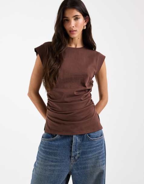 ASOS DESIGN corset waist sharp shoulder tank top in brown