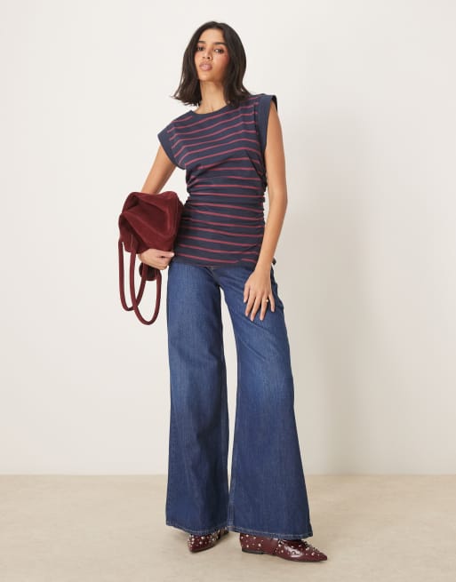 ASOS DESIGN corset waist sharp shoulder tank top in burgundy and navy stripe