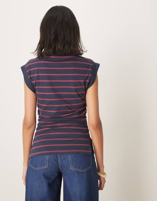 ASOS DESIGN corset waist sharp shoulder tank top in burgundy and navy stripe