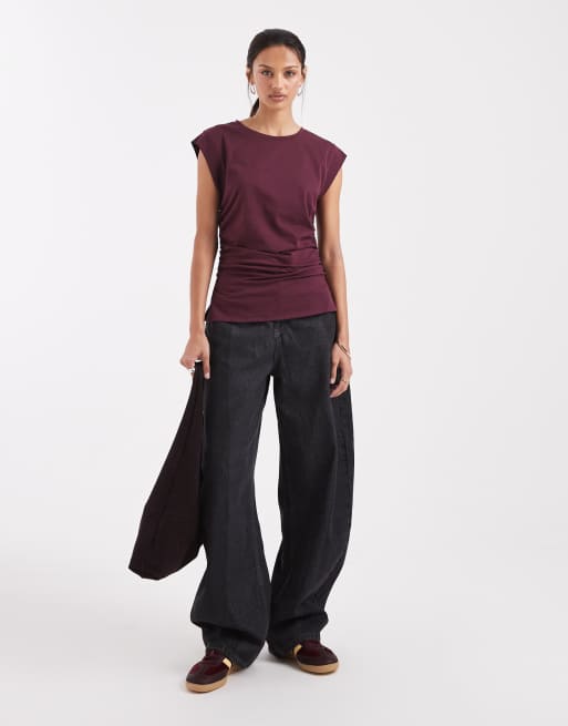 ASOS DESIGN corset waist sharp shoulder tank top in burgundy, 3 of 4