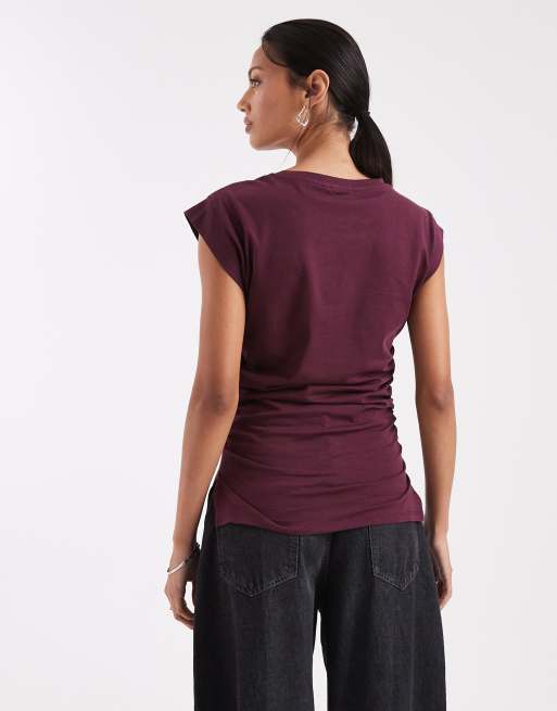 ASOS DESIGN corset waist sharp shoulder tank top in burgundy, 4 of 4