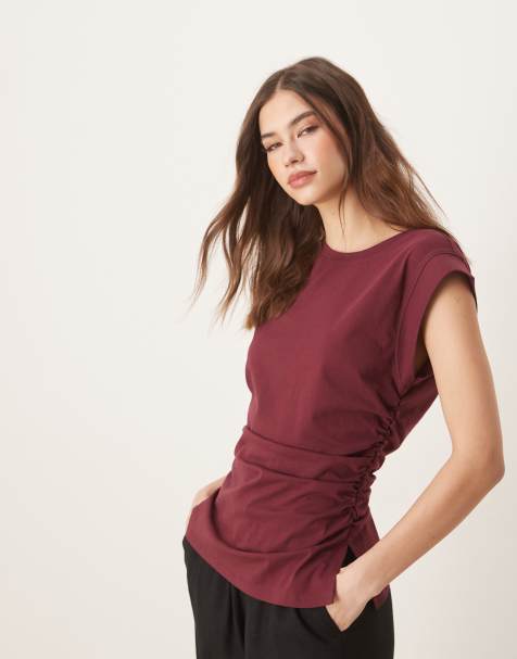 ASOS DESIGN corset waist sharp shoulder tank top in dark cherry - view 1