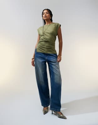 Asos Design Corset Waist Sharp Shoulder Tank Top In Green