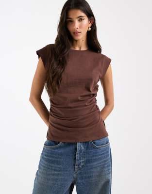 Asos Design Corset Waist Sharp Shoulders Tank Top In Brown