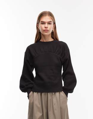 Asos Design Corset Waist Sweatshirt With Balloon Sleeves In Black