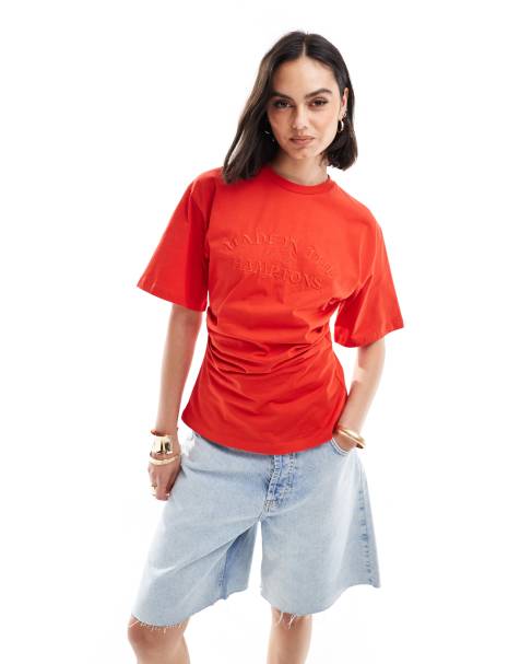 ASOS DESIGN corset waist t-shirt with embroidered hamptons graphic in red - view 1