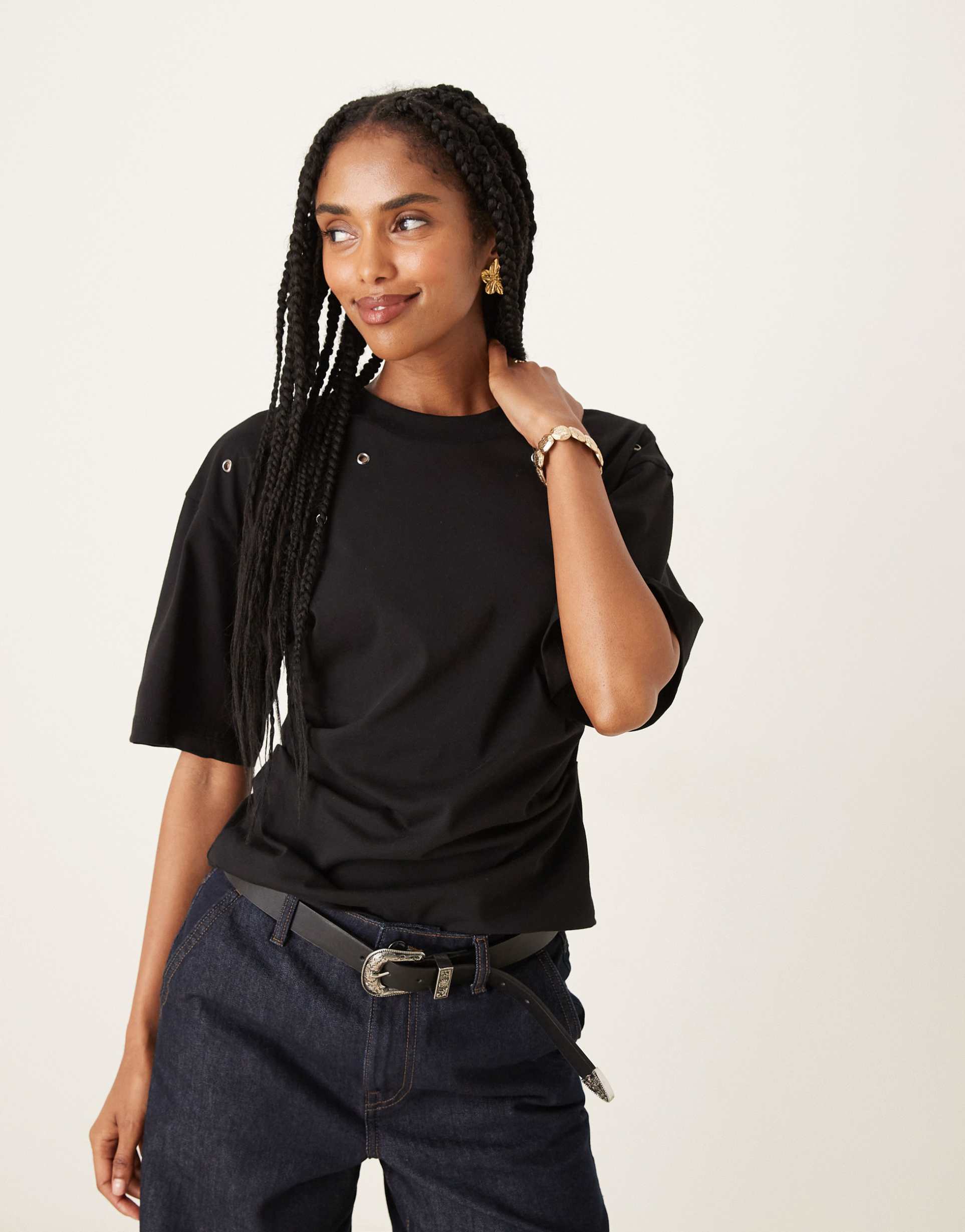 asos design corset waist t-shirt with ring stud detail in black