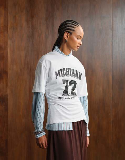 ASOS DESIGN corset waist t-shirt with varsity graphic in cream - view 1