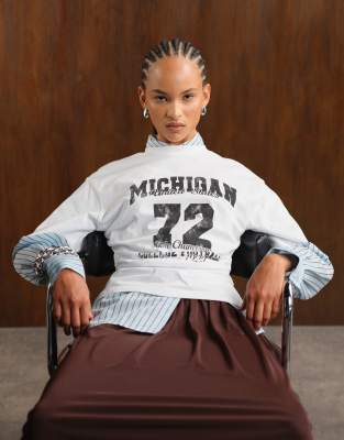 Asos Design Corset Waist T-shirt With Varsity Graphic In White