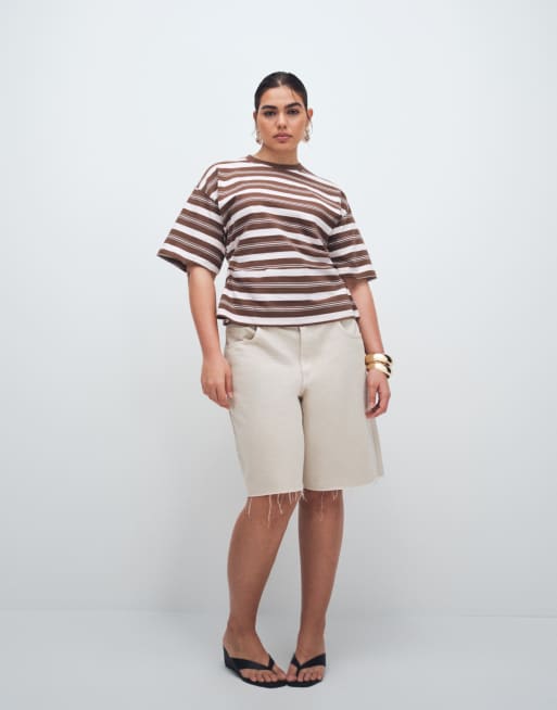 ASOS DESIGN corset waist tee in chocolate and pink stripe, 2 of 11