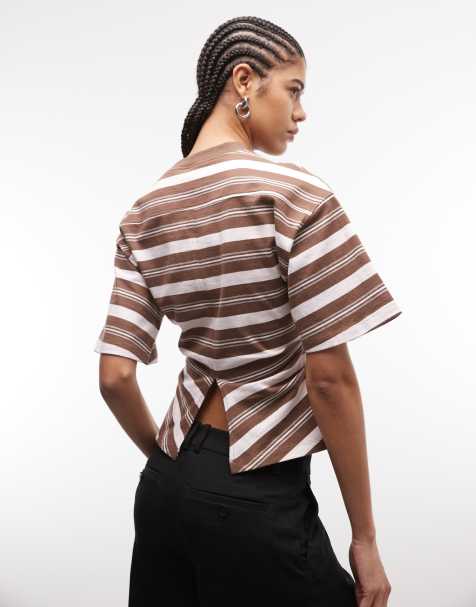 ASOS DESIGN corset waist tee in chocolate and pink stripe