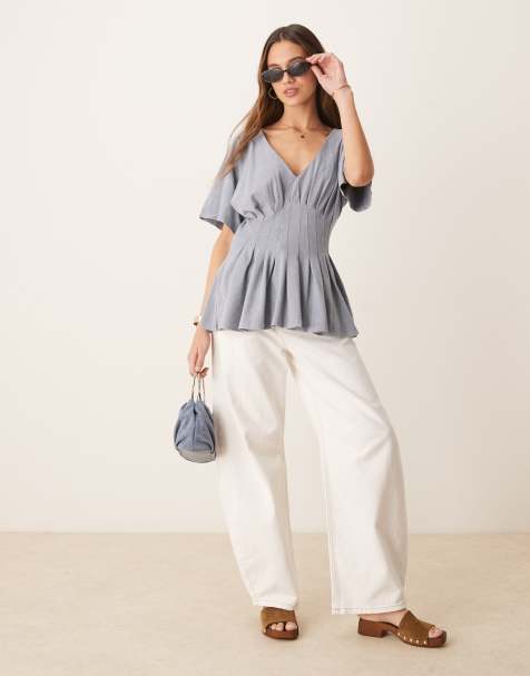 ASOS DESIGN corset waist tee with pleat detail in washed gray - view 1