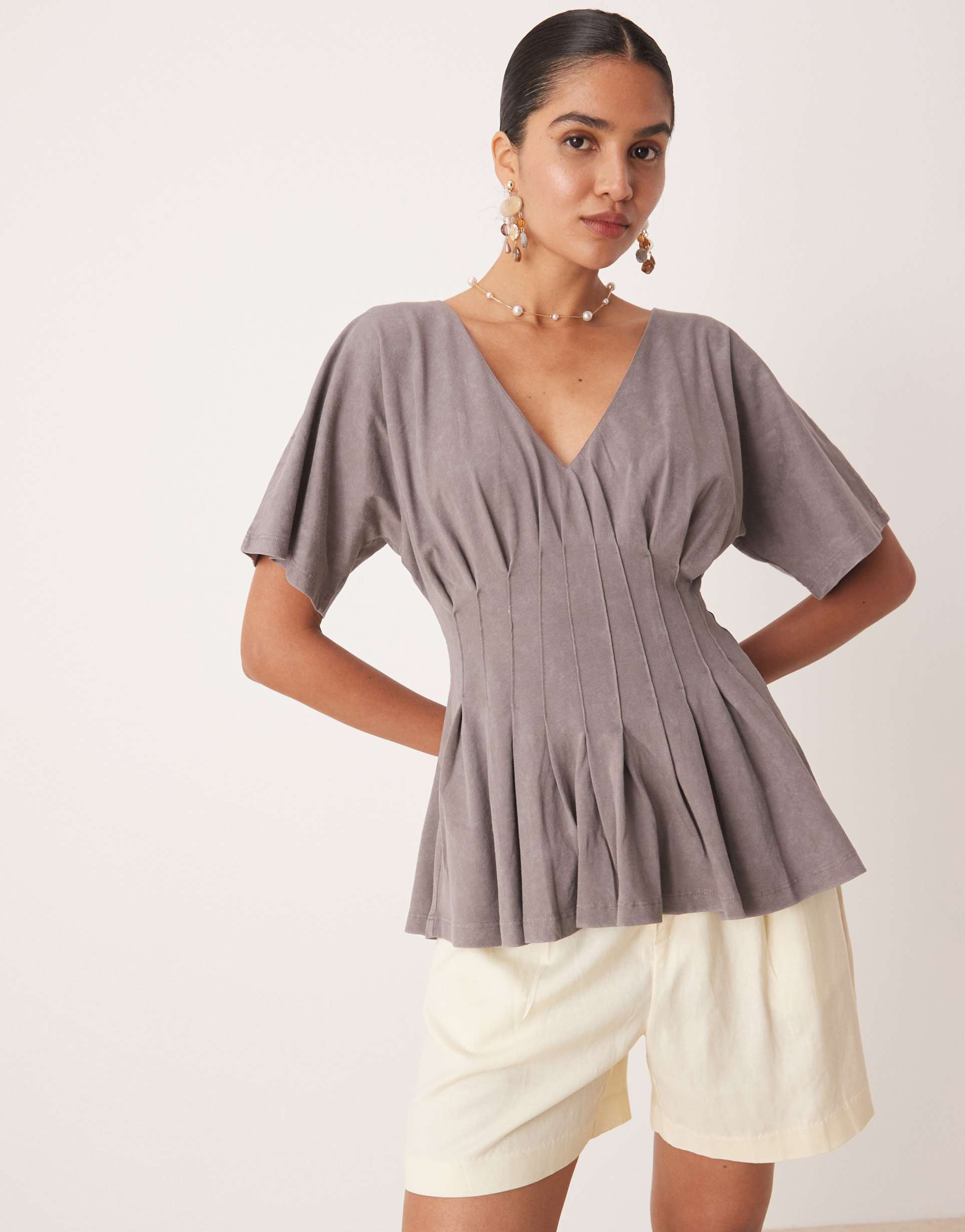 asos design corset waist tee with pleat detail in washed gray