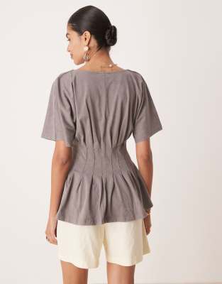 Asos Design Corset Waist Tee With Pleat Detail In Gray