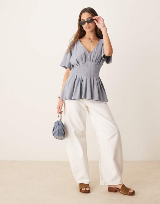 ASOS DESIGN corset waist tee with pleat detail in washed grey