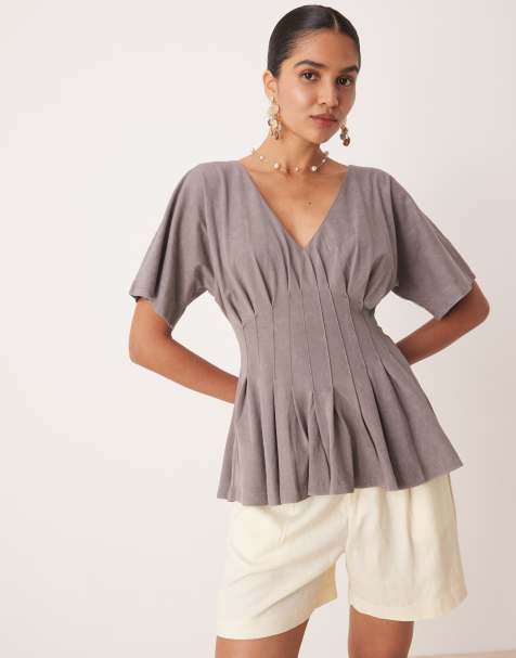 ASOS DESIGN corset waist tee with pleat detail in washed grey - view 1