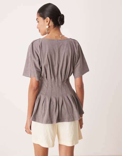 ASOS DESIGN corset waist tee with pleat detail in washed grey, 2 of 4
