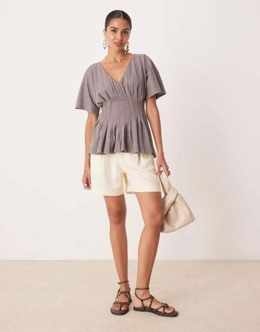 ASOS DESIGN corset waist tee with pleat detail in washed grey, 3 of 4