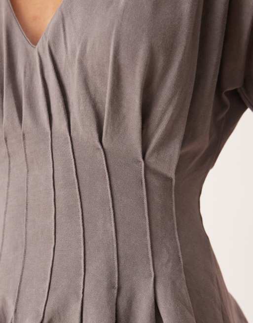 ASOS DESIGN corset waist tee with pleat detail in washed grey, 4 of 4