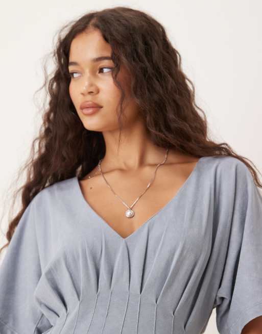 ASOS DESIGN corset waist tee with pleat details in washed blue