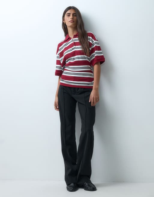 ASOS DESIGN corset waist tee with rugby polo collar in burg stripe, 2 of 4