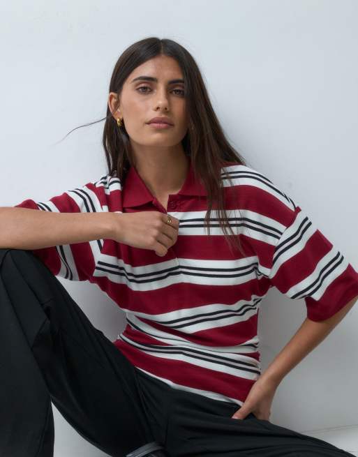 ASOS DESIGN corset waist tee with rugby polo collar in burg stripe, 3 of 4