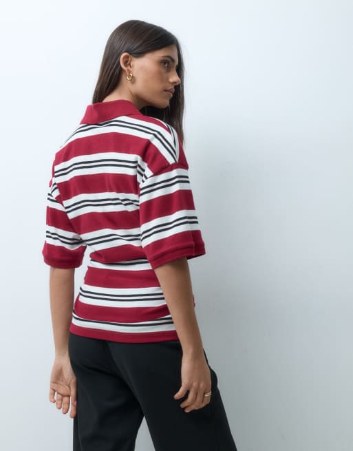 ASOS DESIGN corset waist tee with rugby polo collar in burg stripe, 4 of 4