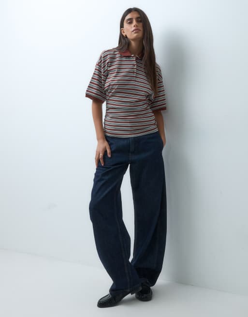 ASOS DESIGN corset waist tee with rugby polo collar in choc stripe, 2 of 4