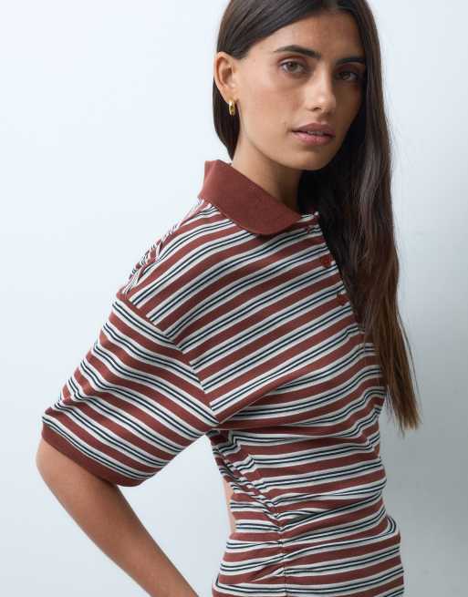 ASOS DESIGN corset waist tee with rugby polo collar in choc stripe, 3 of 4
