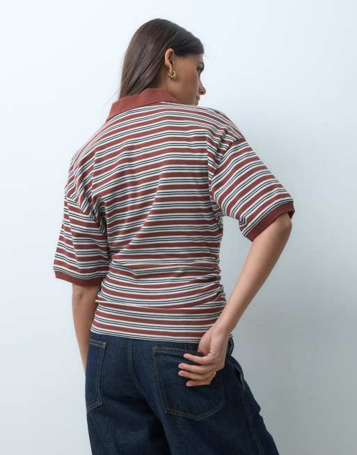 ASOS DESIGN corset waist tee with rugby polo collar in choc stripe, 4 of 4