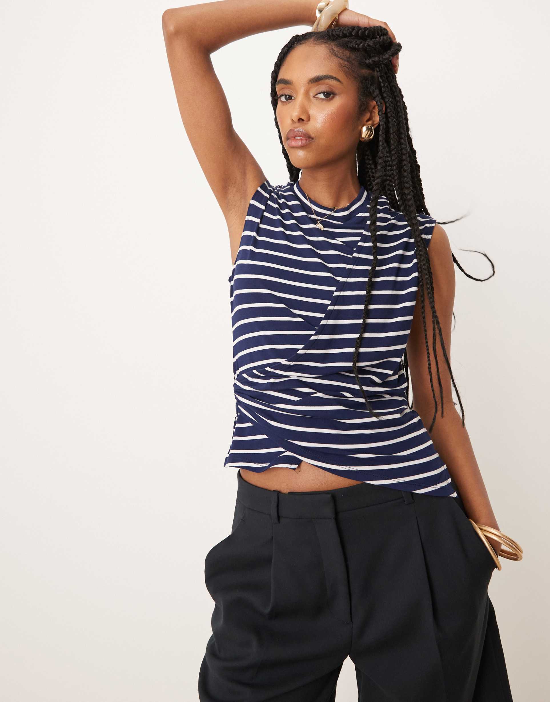 asos design corset waist top in navy stripe