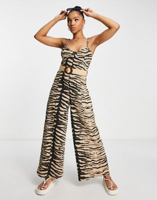 ASOS DESIGN corset wide leg jumpsuit with wicker belt in zebra print