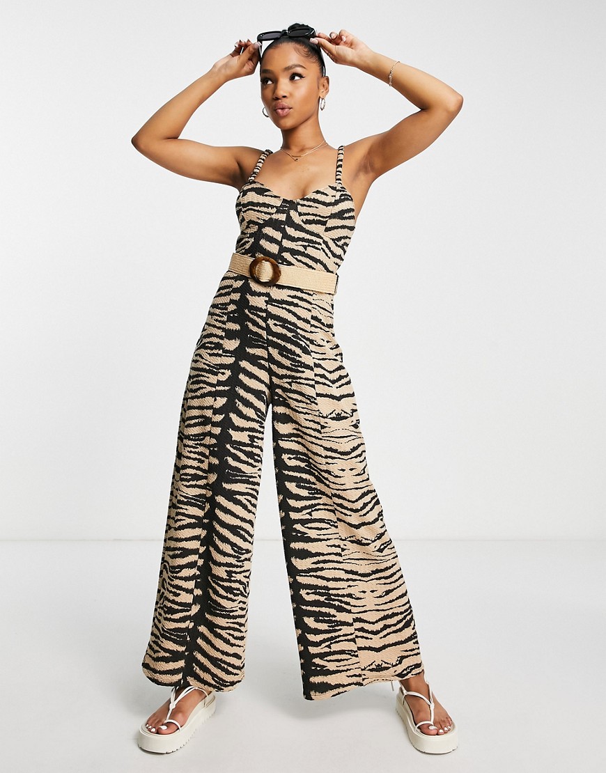 ASOS DESIGN corset wide leg jumpsuit with wicker belt in zebra print-Multi