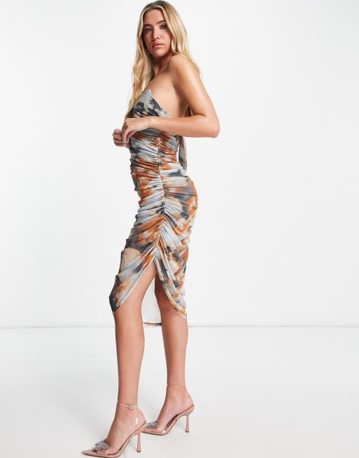 Tie Dye Print Mesh Ruched Dress