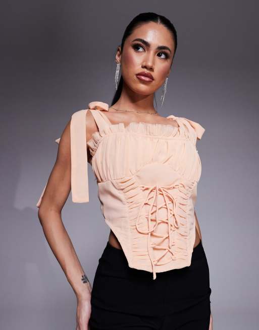 ASOS DESIGN - Corsetto color cipria in chiffon con lacci