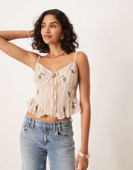 ASOS DESIGN - Corsetto color pietra ricamato allacciato sul davanti