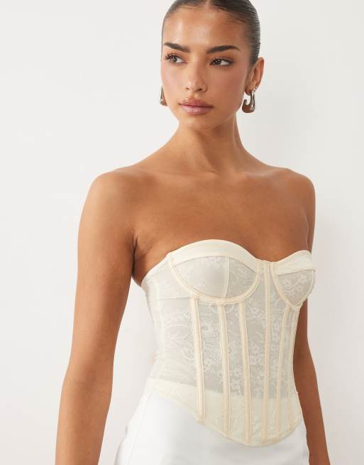 ASOS DESIGN - Corsetto in misto pizzo color latticello con stecche