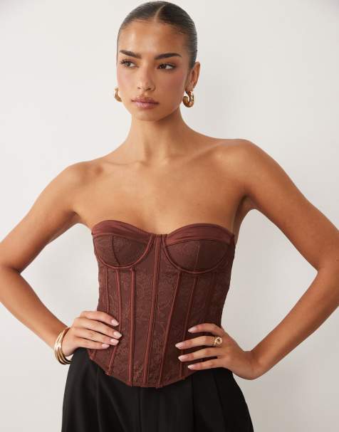 ASOS DESIGN - Corsetto in misto pizzo marrone con stecche - view 1