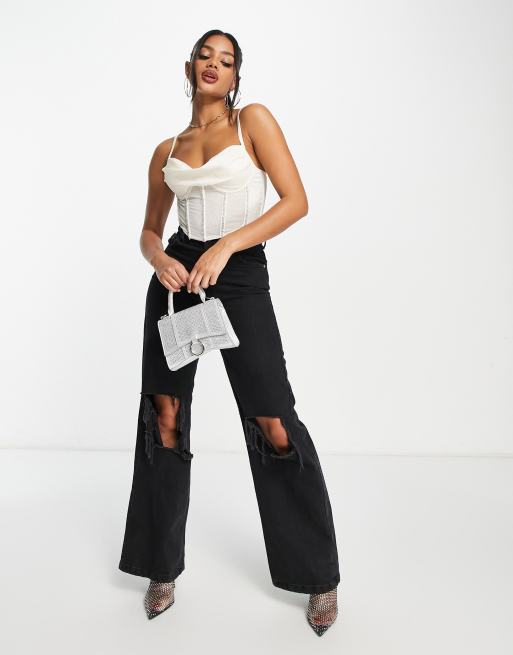 ASOS DESIGN - Corsetto in raso stretch color avorio con finiture con strass, 4 di 4
