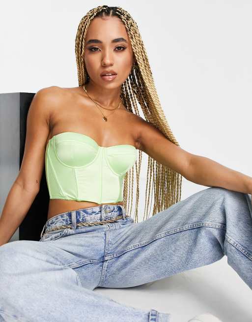 ASOS DESIGN - Corsetto senza spalline imbottito con ferretto in raso color lime fluo
