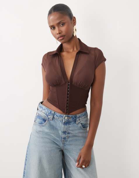 ASOS DESIGN corsettop i mesh med bengaline og hægte- og øjelukning i taljen i brun - view 1