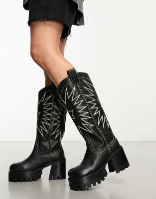 ASOS DESIGN - Cosmic - Kniehohe Cowboystiefel aus schwarzem Leder mit Profilsohle