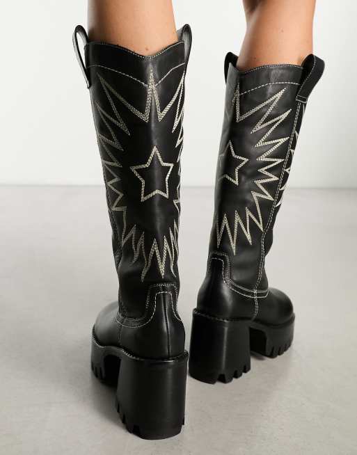 ASOS DESIGN Cosmic leather cleated western knee boots in black