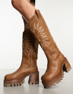ASOS DESIGN Cosmic leather cleated western knee boots in tan