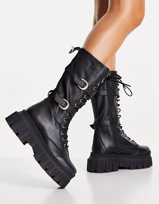 Shoes Boots/Cosmic premium leather chunky lace up knee boots in black 