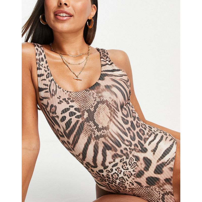 DESIGN - Costume da bagno animalier leopardato a coste con scollo rotondo