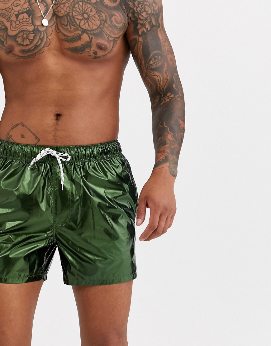 ASOS DESIGN - Costume da bagno corto in tessuto metallizzato kaki con cordoncino a contrasto-Verde